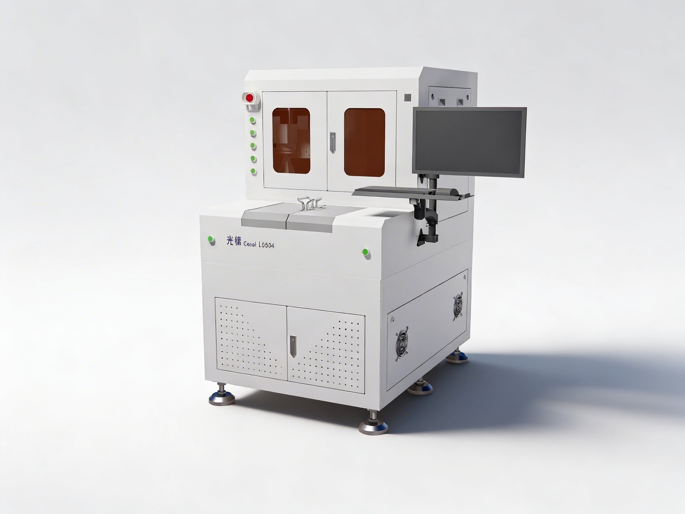 Gosol L0504激光切割设备侧面视角，紧凑型设计，配备安全防护罩，展现其工业级稳定性和安全性