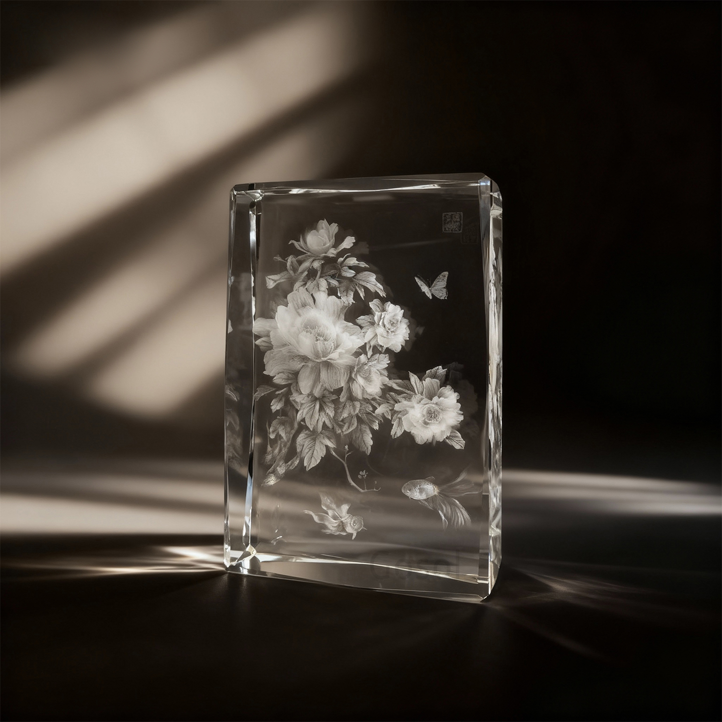 水晶内雕logo礼品正面和侧面展示，透明水晶材质，内部雕刻企业logo立体图案，展示其精美工艺和商业价值